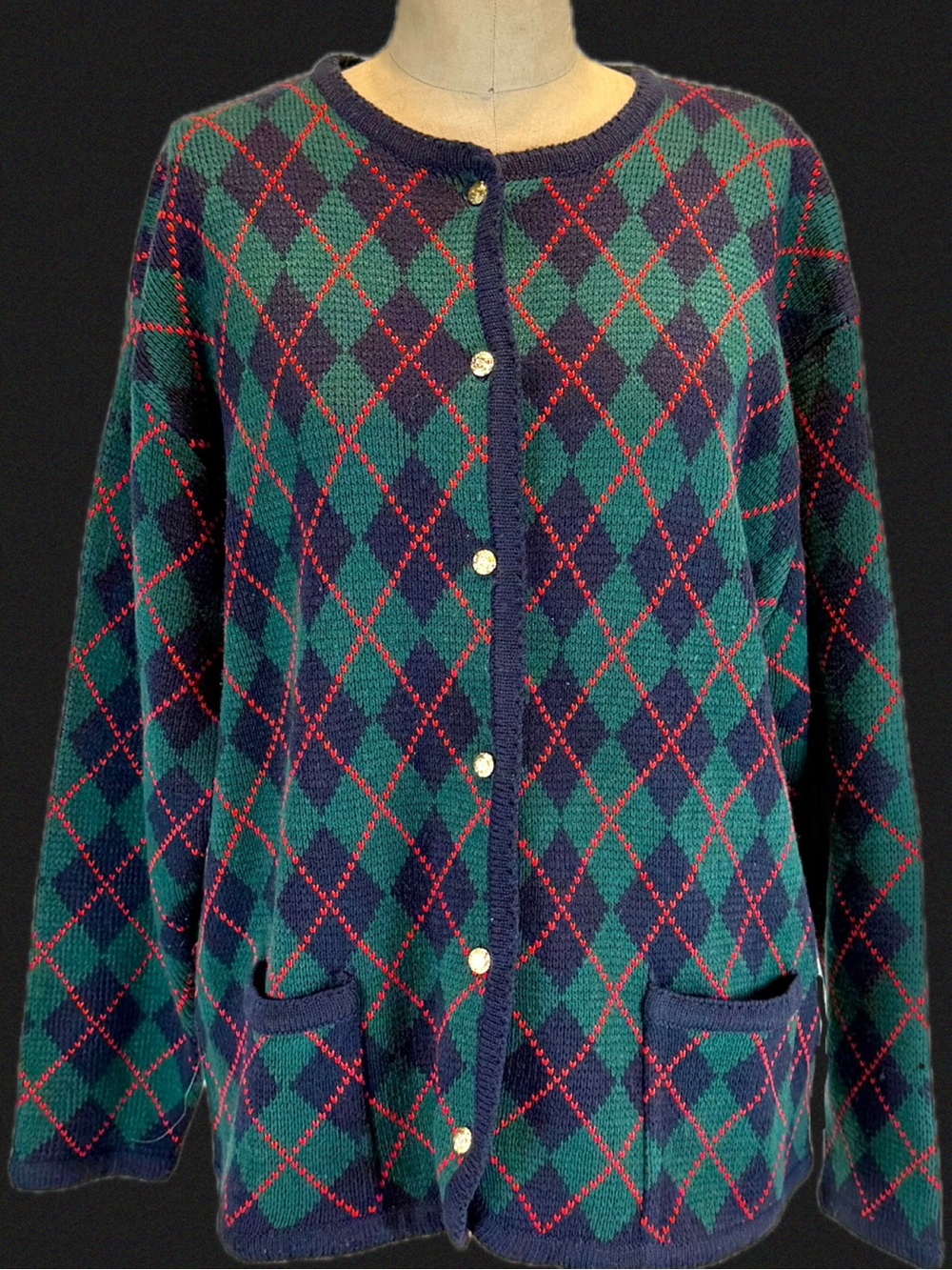 VINTAGE 80s tartan plaid diamond‎ argyle knit sweater cardigan gold button front